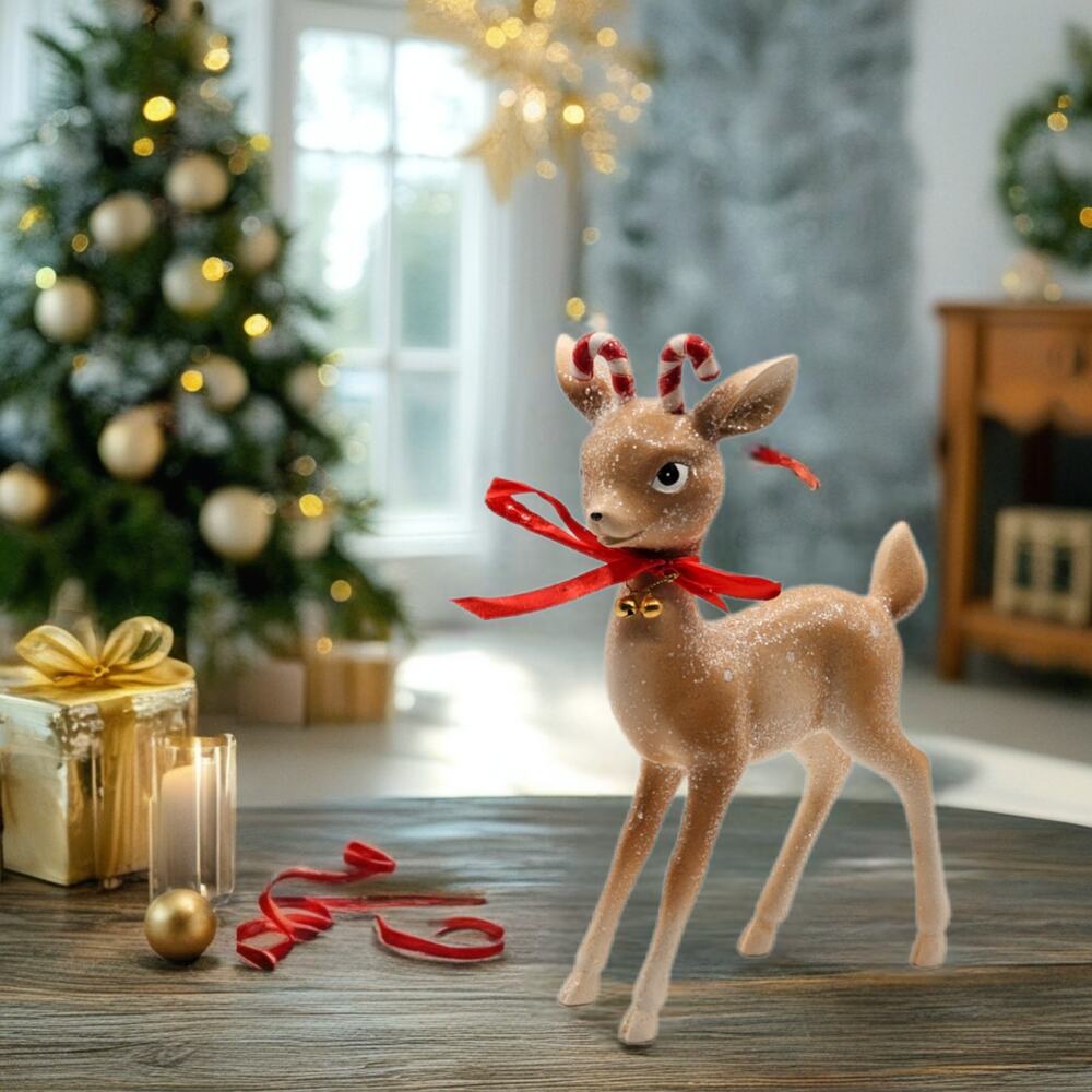 Vintage Reindeer Figurine Candy Cane Antlers Christmas Holiday Decor